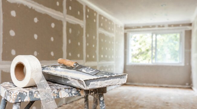 Drywall joint tape and putty knife sit on a work table in an unfinished interior room. Drywall sheets with tape and joint compound cover the walls during construction renovation.
