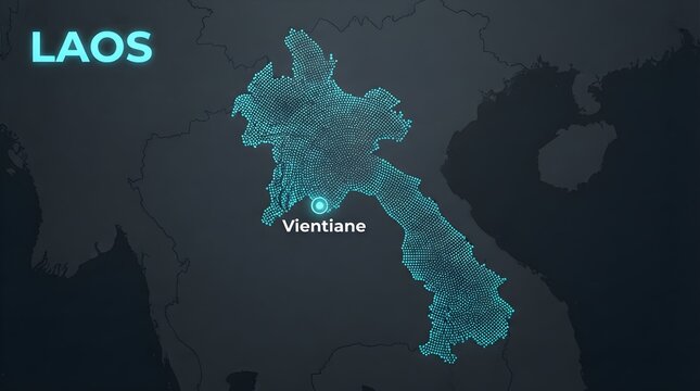 Digital map of Laos featuring glowing blue particle textures and a highlighted capital city location against a dark grey background