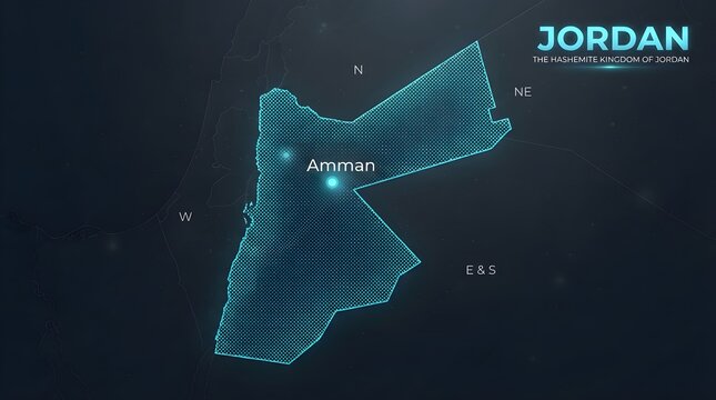Detailed digital map of Jordan highlighting the capital city Amman with glowing blue neon light dots on dark navy background
