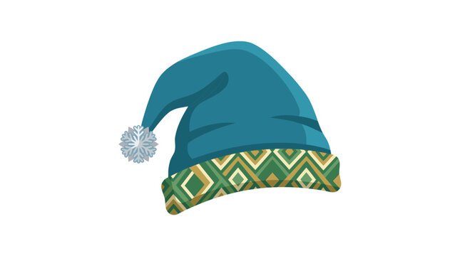 Teal Santa Hat with Geometric Pattern Trim Isolated