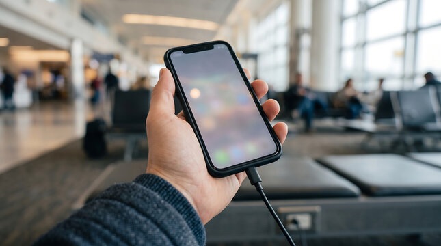 Hand holding a smartphone connected to a charging cable while charging at a power outlet in a bright modern airport terminal waiting area with blurred travelers in the background