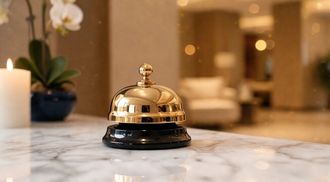 A gleaming brass service bell with black base sits on a marble countertop in an elegant hotel lobby, surrounded by soft candlelight, an orchid plant, and warm ambient lighting.