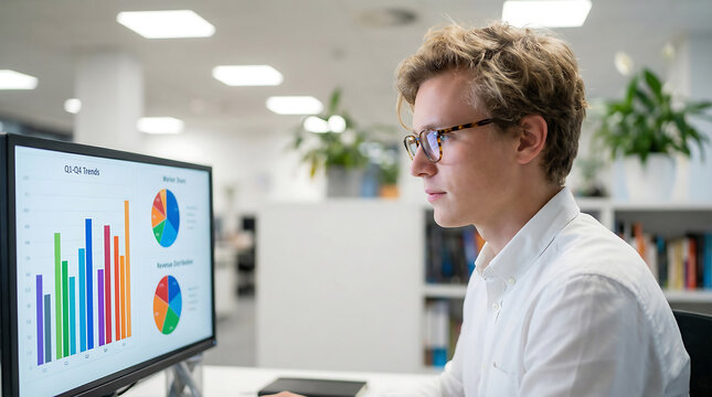 Young professional man working on data analytics and business charts on a computer screen in a modern office