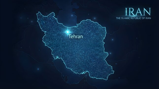 Digital glowing map of Iran featuring a bright shining light point over Tehran city against a dark blue abstract background