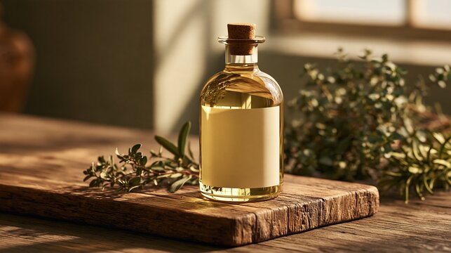 A glass bottle filled with golden oil sits on a weathered wooden surface, surrounded by fresh green herbs and dried botanicals in warm natural sunlight.