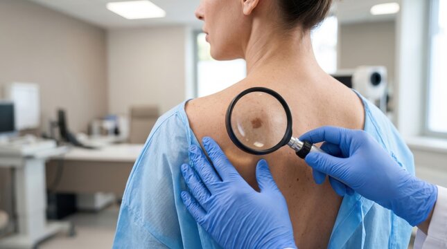 Doctor in blue gloves examining a mole on patient back with a magnifier in clinic, representing skin cancer screening, dermatology checkup, melanoma detection and birthmark diagnostics