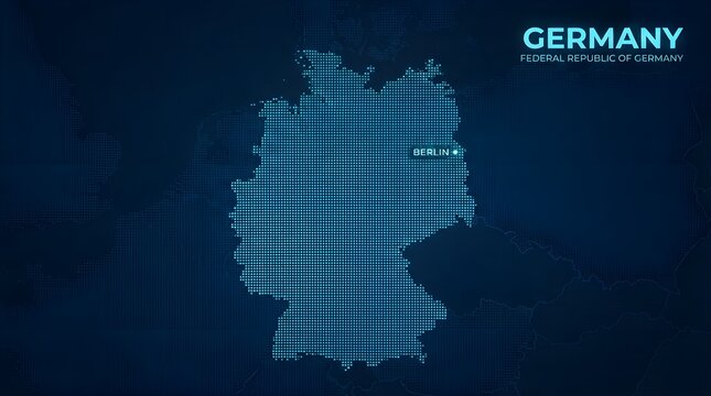 Digital map of Germany showing the federal territory with a glowing neon blue dot marking the capital city of Berlin