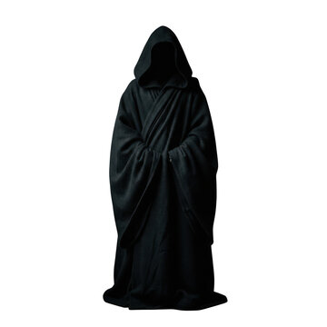 Mysterious figure in a black hooded cloak isolated on transparent background