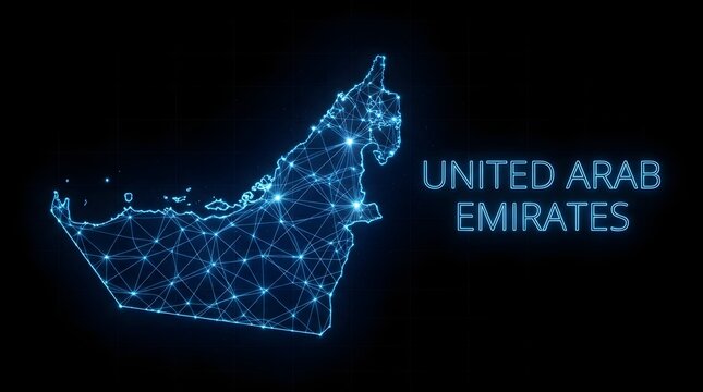 United Arab Emirates map illustrated with glowing blue digital nodes and interconnected lines representing advanced modern connectivity and network technology