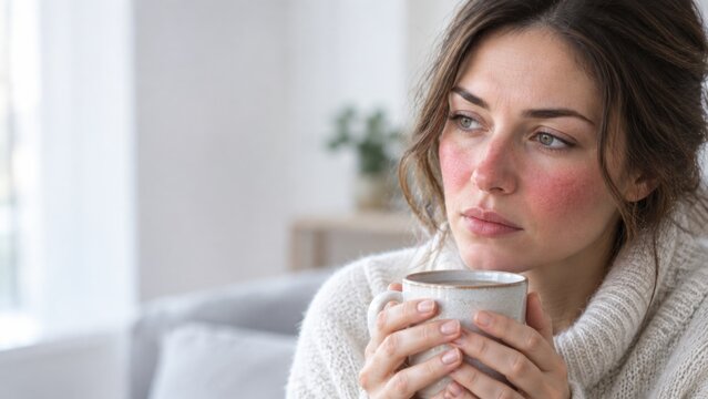 Woman with reddened cheeks holding a mug of hot tea, showing rosacea flare-up on her face, representing skin sensitivity, dermatology problem, facial redness and vascular reaction to heat