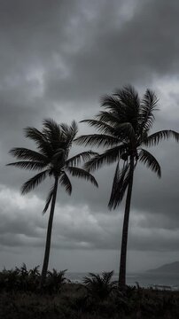 Silhouetted Palm Trees Against a Dramatic Cloudy Sky in a Tropical Landscape