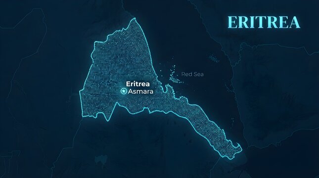 Eritrea map visualization rendered with glowing blue dots highlighting the capital city Asmara against a dark navy digital background setting