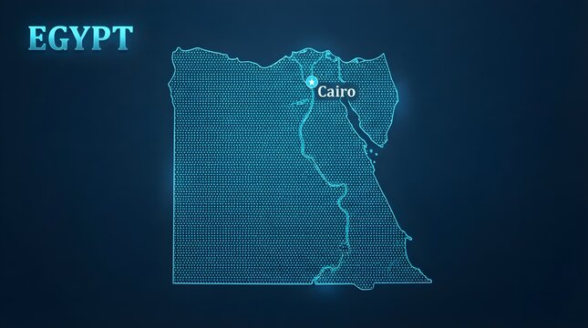 Detailed digital map of Egypt showcasing glowing cyan borders and landmarks set against a deep dark navy blue gradient background