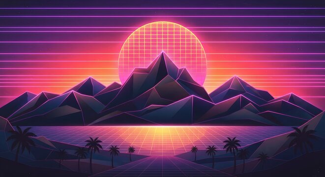 A vibrant synthwave and retrowave style vector illustration featuring geometric dark mountains, a glowing grid sun, neon glowing lines, and tropical palm trees.