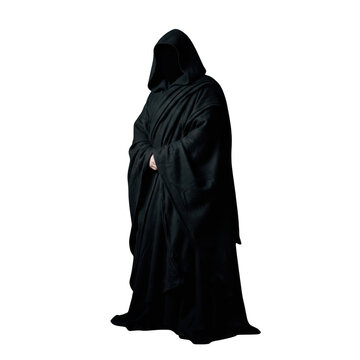 Mysterious figure in black hooded cloak isolated on transparent background