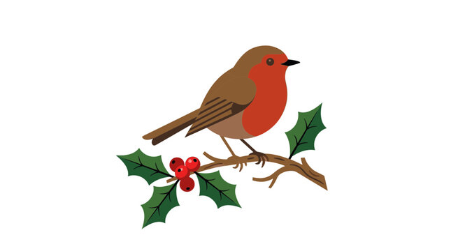 Robin Bird on Holly Branch with Berries, Isolated