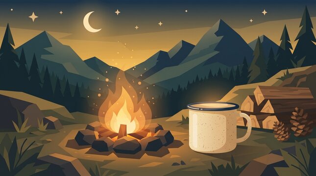 Classic Enamel Camping Mug Near Mountain Campfire with Warm Golden Amber Glow