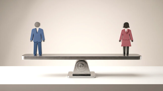 Conceptual metal male and female figures balanced perfectly on industrial metal scale platform.