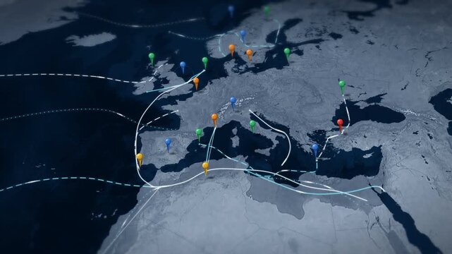 Europe and Mediterranean shipping route map with pinned ports