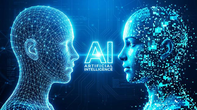 Artificial intelligence concept with digital human head profiles facing each other on a blue circuit board background
