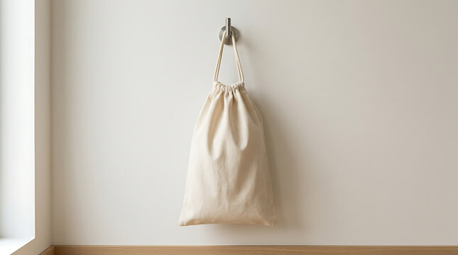 Minimalist beige tote bag mockup hanging on white wall for product photography