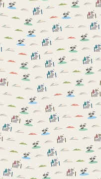 Seamless pattern of stylized landscape elements