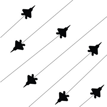 Black fighter jet silhouette seamless pattern with contrails