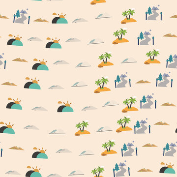Stylized landscape elements seamless pattern