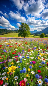 Vast meadow filled with a colorful variety of wildflowers under a bright blue sky with fluffy white clouds and distant rolling hills isolated on a transparent background