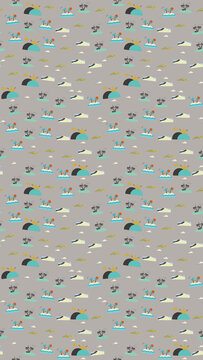 Stylized Tropical Island Pattern with Palm Trees and Sun