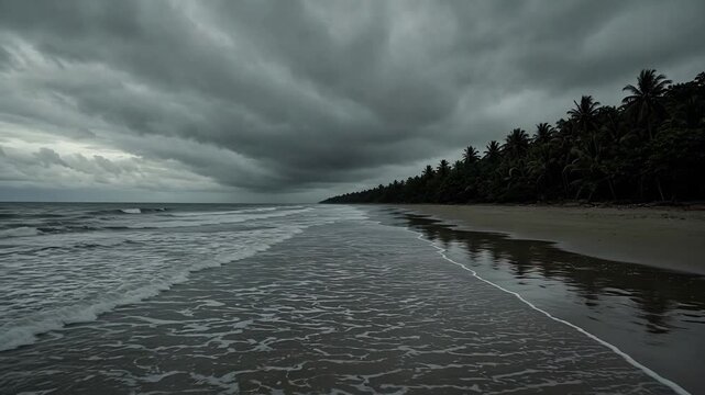 Stormy Beach Landscape Under Dark Clouds with Tranquil Shoreline and Ocean Waves