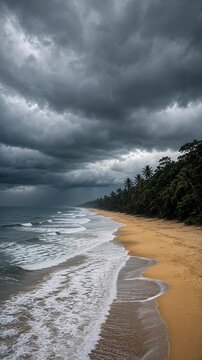 Stormy Beach Landscape with Dark Clouds and Gentle Waves Lapping at Sandy Shoreline