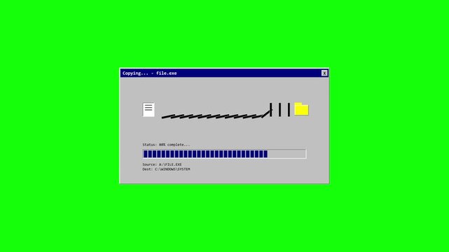 Retro computer installation progress bar animation with falling dominoes on green screen background.
