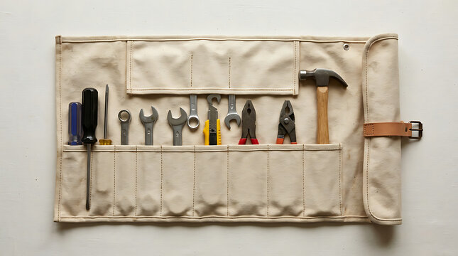 Minimalist tool pouch mockup with organized hand tools for product and branding photography