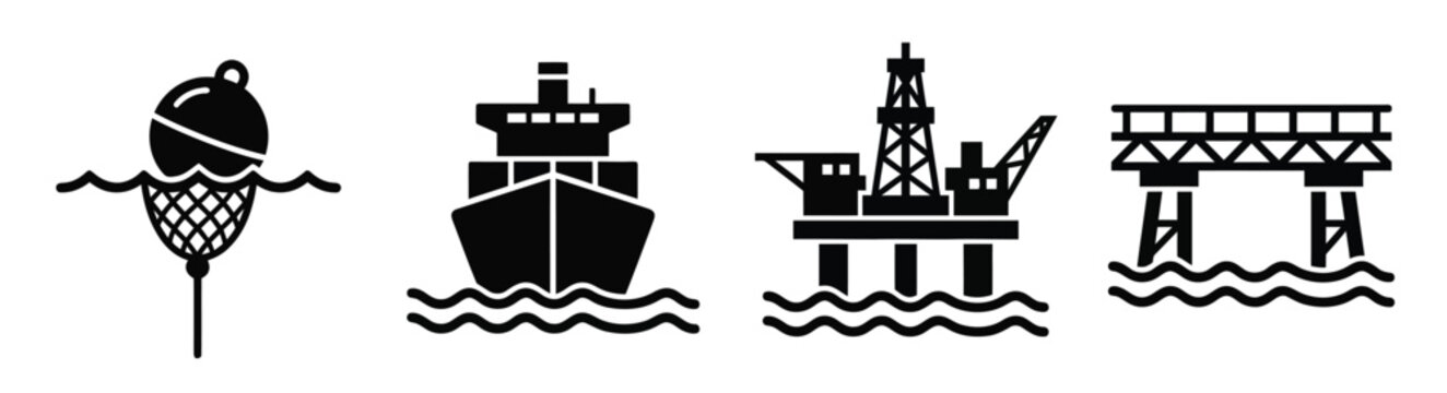 Nautical industry icon set, black maritime offshore vector symbols, marine cargo shipping and oil rig silhouette glyphs