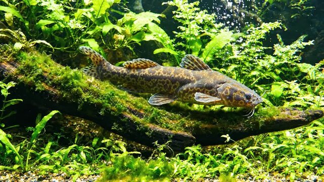 Aquatic Catfish Resting on Mossy Log Surrounded by Lush Green Aquarium Plants