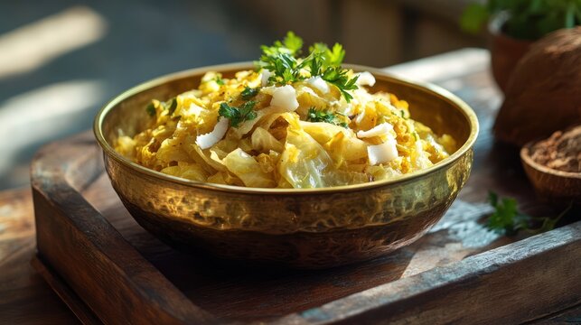 Traditional saut&eacute;ed cabbage dish garnished with fresh herbs in golden bowl.