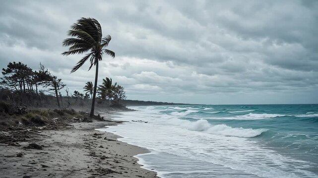 Stormy Beach Landscape with Swaying Palm Trees and Dark Clouds Over Turbulent Waves