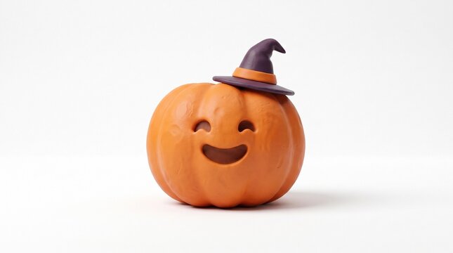 3D plasticine render of a cute smiling orange pumpkin wearing a brown witch hat, isolated on a clean white background. Claymation style seasonal character perfect for Halloween decorations, autumn hol