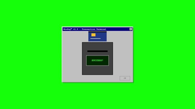 Retro computer interface animation of floppy disk drive printing document on green screen background.