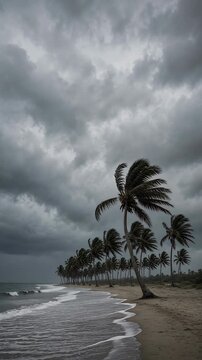 Stormy Beach Scene with Dark Clouds and Swaying Palm Trees Near Shoreline