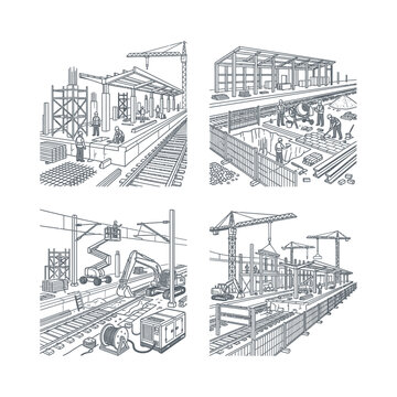 Detailed illustration of construction site activities showcasing workers, machinery, and structures