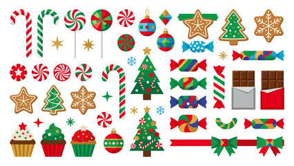 Fototapeta premium Christmas festive icon set with candy canes, gingerbread cookies, chocolate bars, and holiday ornaments in a flat vector design style for seasonal...