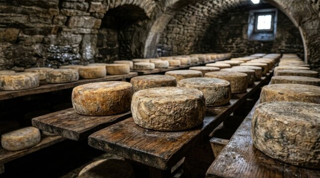 Aged Cheese Wheels Resting in a Traditional Stone Cellar