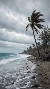 Stormy Beachscape Featuring a Lone Palm Tree Against Dark Clouds and Crashing Waves