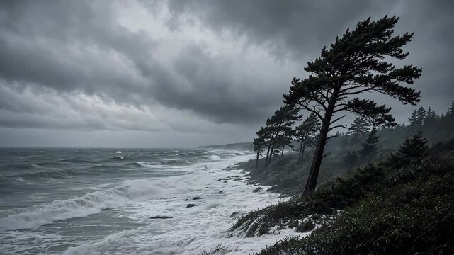 Stormy Coastal Landscape with Thunderous Waves and Leaning Pine Trees Against Dark Skies