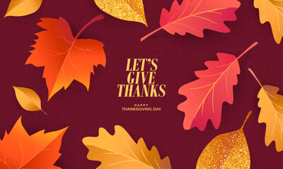 Obraz premium Thanksgiving greeting card, cover, invitation featuring beautiful, vibrant autumn leaves against a trendy burgundy background. A modern, autumn design template for festive event, advertising, branding