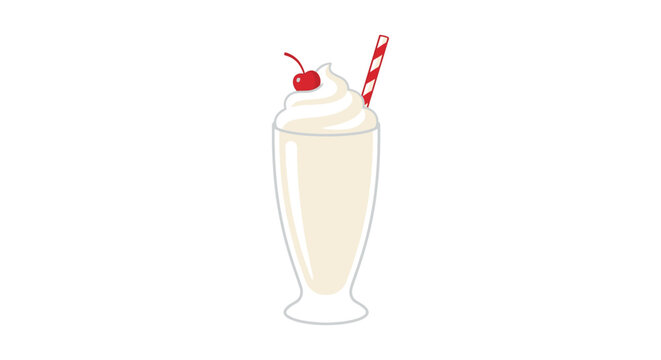 Vanilla milkshake in glass with cherry and striped straw vector illustration