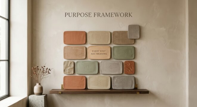 Arrangement of Polished Clay Rectangles on a Wall Display Shelf
