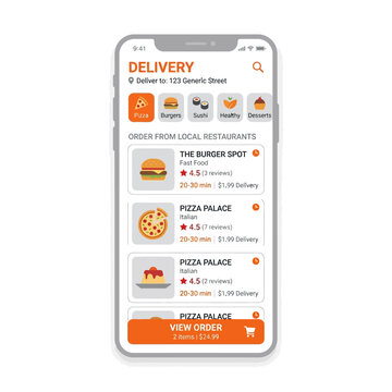 Mobile food delivery app interface with restaurant listings and order summary on a smartphone screen mockup Editable EPS